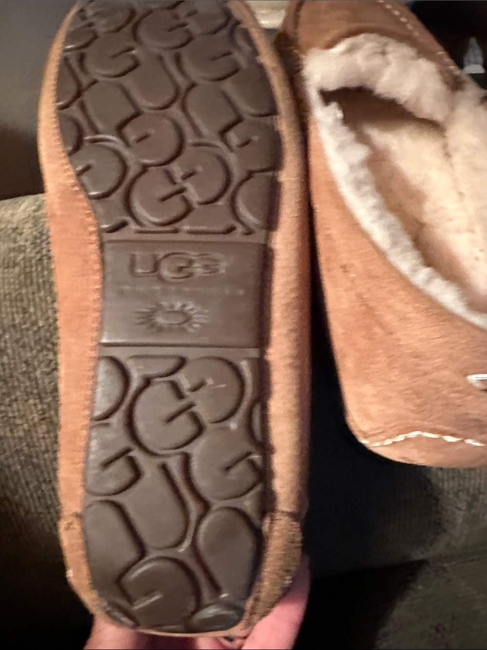 UGG Womens Chestnut/Tan Suede Shearling-Lined Moccasin Slippers - Picture 3 of 4